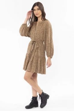 Seeking Lola New In Flourish Tan Animal Puff Sleeve V Neck Tiered Mini Dress