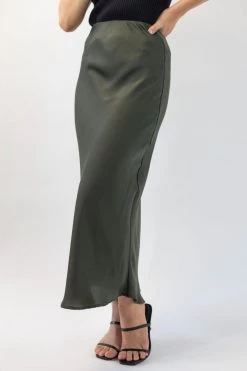 Ivy + Jack Ivy Khaki Satin Midi Bias Skirt