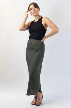 Ivy + Jack Ivy Khaki Satin Midi Bias Skirt