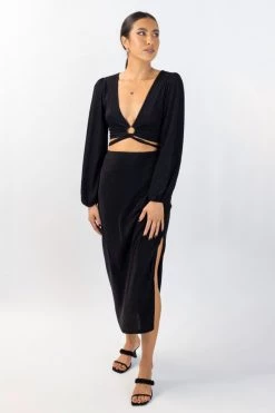 Among The Brave New In Interstellar Black Shimmer High Split Midi Skirt