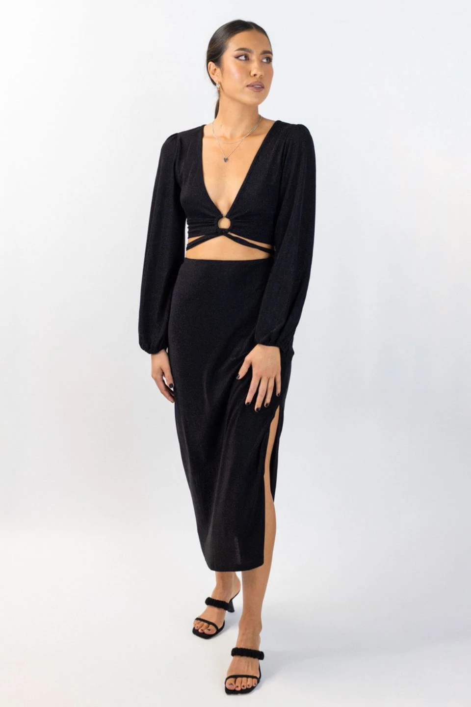 Among The Brave New In Interstellar Black Shimmer High Split Midi Skirt