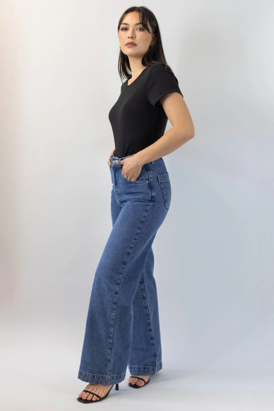 Among The Brave Sail Away Mid Blue Front Pocket Wide Leg Denim Jean
