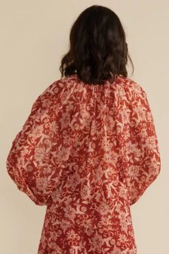 Mink Pink Dover Red Floral V Neck Balloon LS Blouse New In