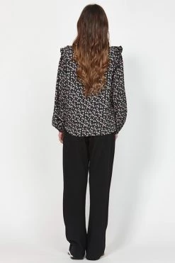 Leo + Be Flurry Black Print Puff Shoulder Top New In