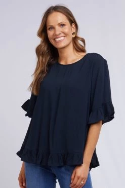 Elm New In Kiara Frill SS Dobby Navy Top