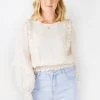 Among The Brave Cloud Sand Shirred Hem LS Ruffle Puff Sleeve Lace Trim Top
