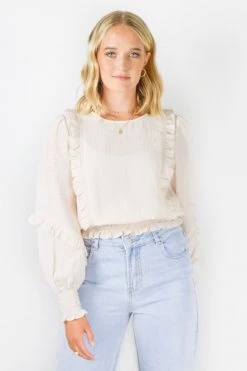 Among The Brave Cloud Sand Shirred Hem LS Ruffle Puff Sleeve Lace Trim Top
