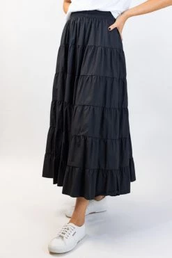 Ivy + Jack Olivia Black Shirred Waist Tiered Maxi Skirt New In