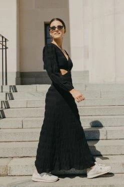 Ivy + Jack Skyler Black Shirred Cotton LS V Neck Waist Cut Out Maxi Dress