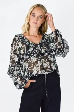 Among The Brave Day Dream Garden Midnight Frill Neck LS Frill Sleeve Top New In