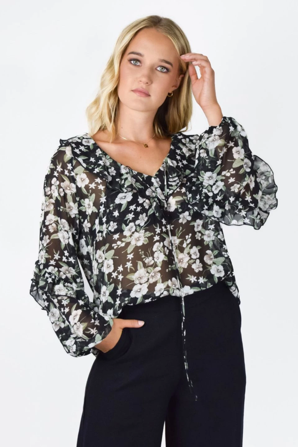 Among The Brave Day Dream Garden Midnight Frill Neck LS Frill Sleeve Top New In