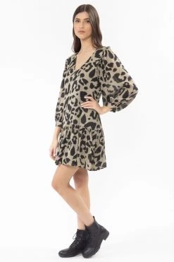 Seeking Lola New In Miraculous Khaki Leopard Mid Sleeve Smock Dress