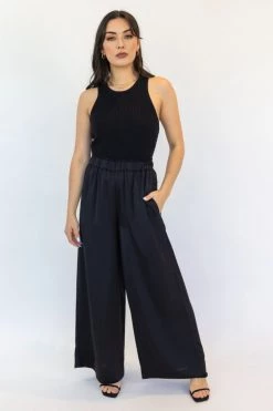 Among The Brave Super Luxe Black Elastic Waist Wide Leg Satin Pant New In