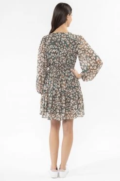 Seeking Lola Bravo Sage Stripe Floral V Neck Mid Sleeve Tiered Mini Dress New In