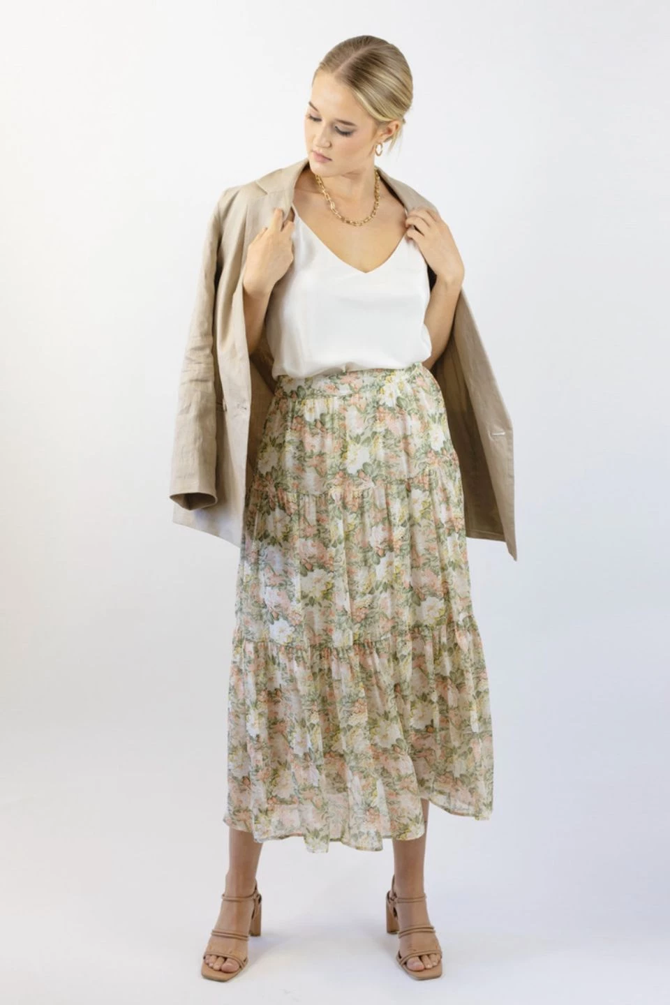 Ivy + Jack Skirts Willow Ivory Floral Tiered Midi Skirt