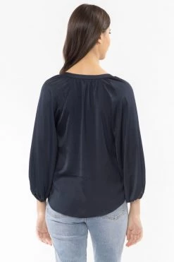 Leila + Luca Intuitive Navy Washer Satin V Neck Mid Sleeve Top