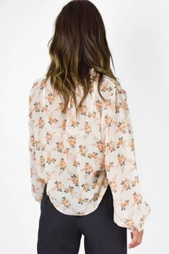 Among The Brave Surreal Peach Floral LS Shirred Puff Sleeve High Neck Top Tops & Tees
