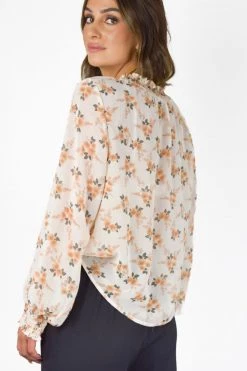 Among The Brave Surreal Peach Floral LS Shirred Puff Sleeve High Neck Top Tops & Tees