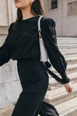 Ivy + Jack Grace Black Shirred Cotton LS Back Hem Tie Top