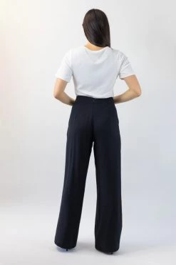 Among The Brave Pants Effortless Black Viscose Deep Band Wide Leg Pant