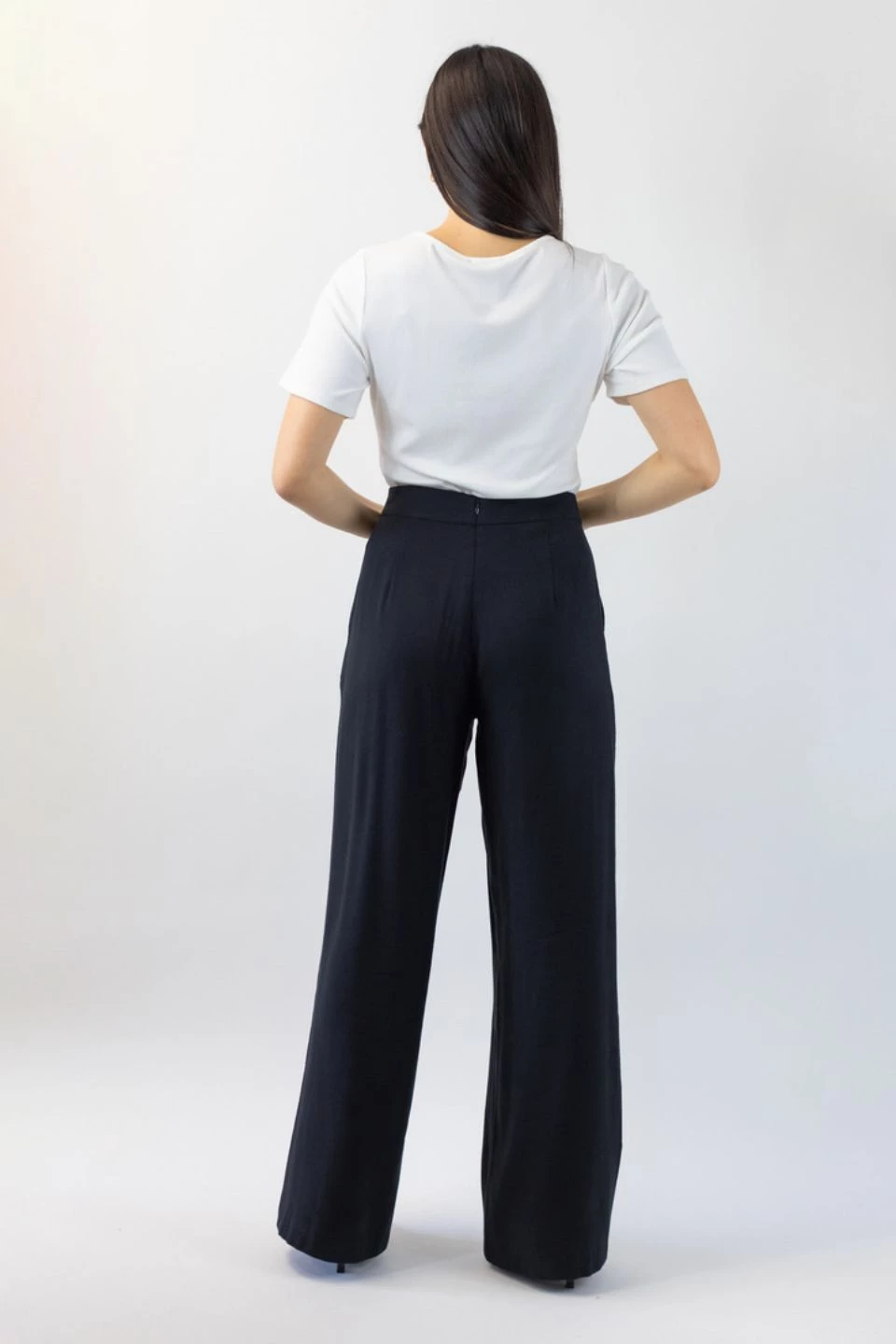 Among The Brave Pants Effortless Black Viscose Deep Band Wide Leg Pant