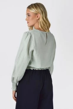 Among The Brave Pure Sage Crinkle LS Puff Sleeve Shirred Hem Top