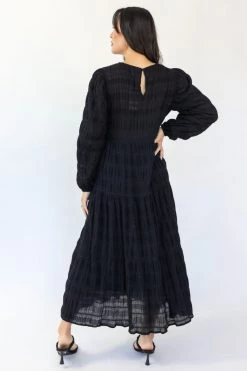 Ivy + Jack Gigi Black Shirred Cotton Blouson LS Tiered Maxi Dress New In