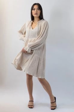 Ivy + Jack Billie Ecru Shirred LS Frill V Neck Tiered Mini Dress New In