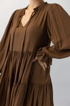 Ivy + Jack Billie Pecan Crinkle LS Frill V Neck Tiered Mini Dress New In