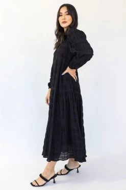 Ivy + Jack Gigi Black Shirred Cotton Blouson LS Tiered Maxi Dress New In