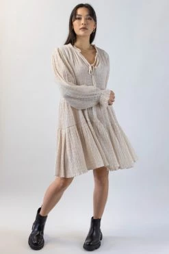 Ivy + Jack Billie Ecru Shirred LS Frill V Neck Tiered Mini Dress New In