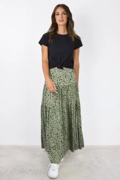Among The Brave Skirts Playful Khaki Animal Elastic Back Tiered Maxi Skirt