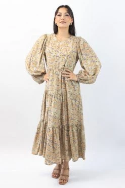 Ivy + Jack Naomi Pistachio Floral Blouson LS Tiered Maxi Dress Dresses