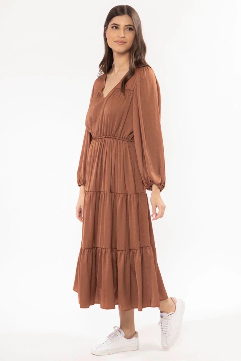 Seeking Lola Creative Rust Washer Satin V Neck Mid Sleeve Tiered Midi Dress New In