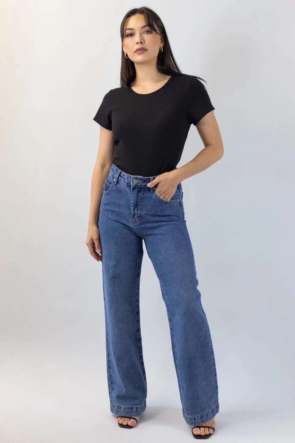 Among The Brave Sail Away Mid Blue Front Pocket Wide Leg Denim Jean