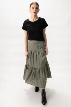 Among The Brave Skirts Blazing Moss Tiered Linen Midi Skirt