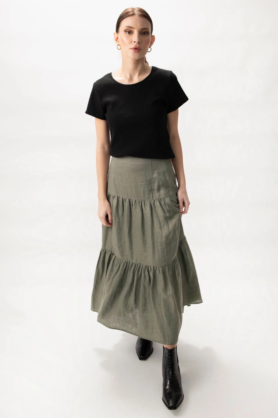 Among The Brave Skirts Blazing Moss Tiered Linen Midi Skirt