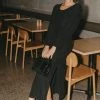 Among The Brave New In New Moon Black Shimmer LS Puff Sleeve Ring Midi Dress