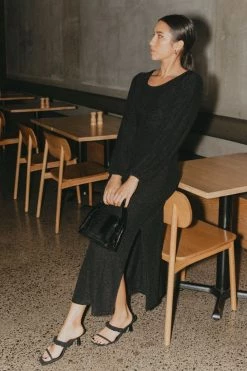 Among The Brave New In New Moon Black Shimmer LS Puff Sleeve Ring Midi Dress