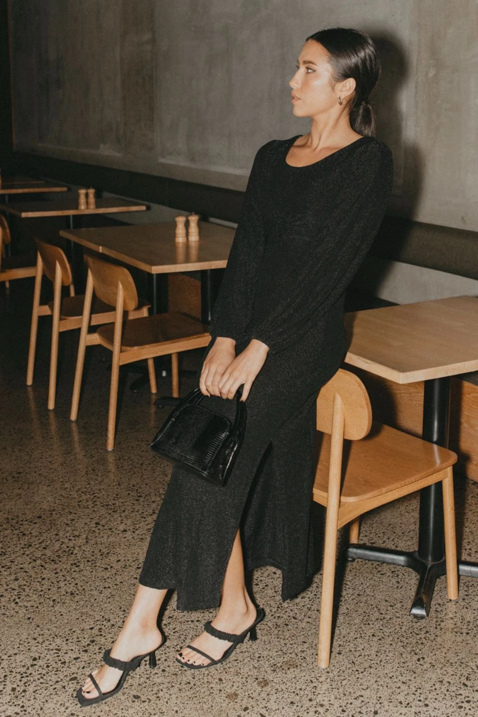 Among The Brave New In New Moon Black Shimmer LS Puff Sleeve Ring Midi Dress