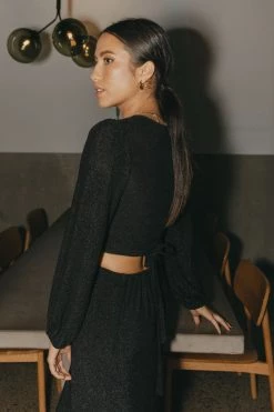 Among The Brave Full Moon Black Shimmer LS Puff Sleeve Plunge Ring Crop Top