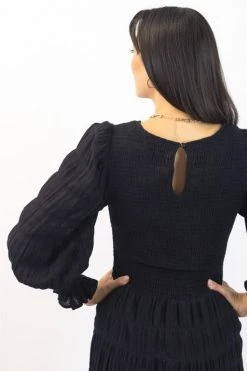 Ivy + Jack Piper Black Shirred Cotton LS Shirred Bodice Tiered Maxi Dress