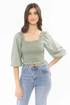 Seeking Lola Angelic Sea Green Linen Puff LS Shirred Bodice Top