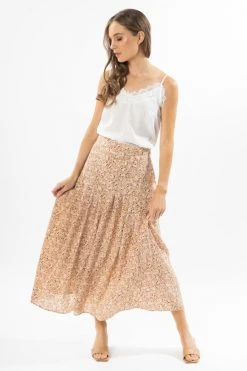 Leila + Luca Courageous Nude Floral Pleated Midi Skirt