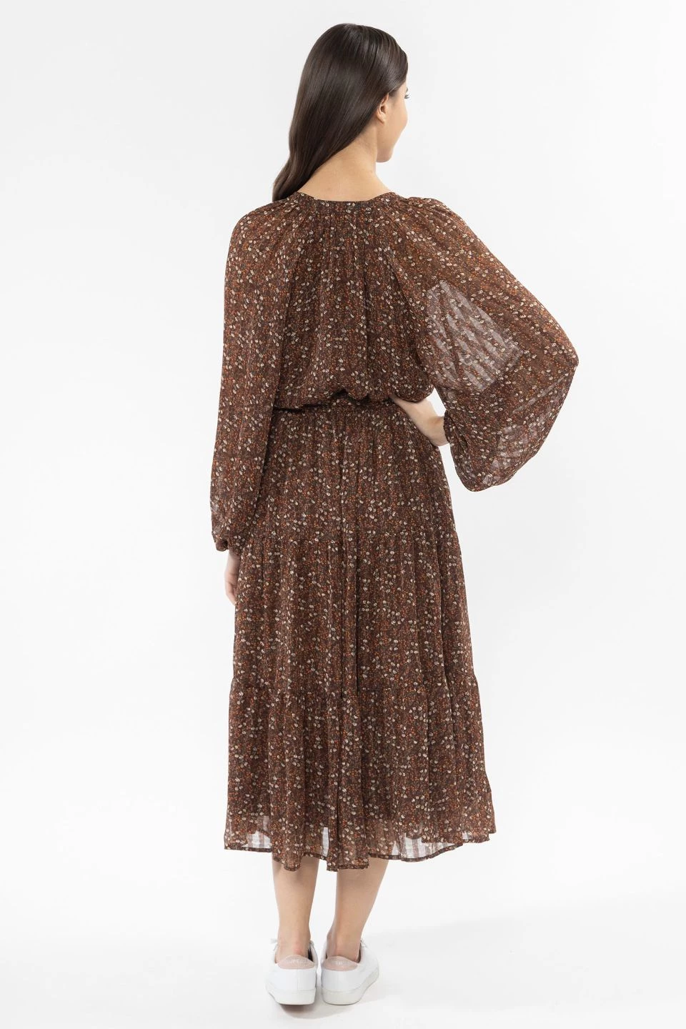 Billie The Label Vivacious Brown Floral Mid Sleeve V Neck Tiered Midi Dress New In