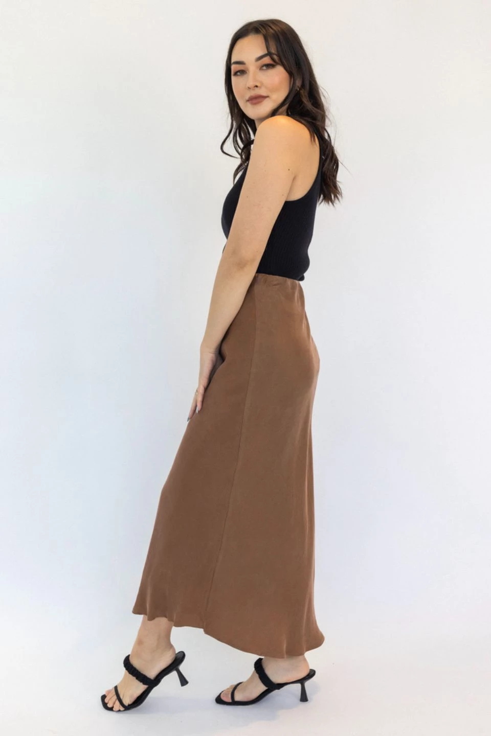 Ivy + Jack New In Dynamic Mocha Cupro Midi Bias Skirt