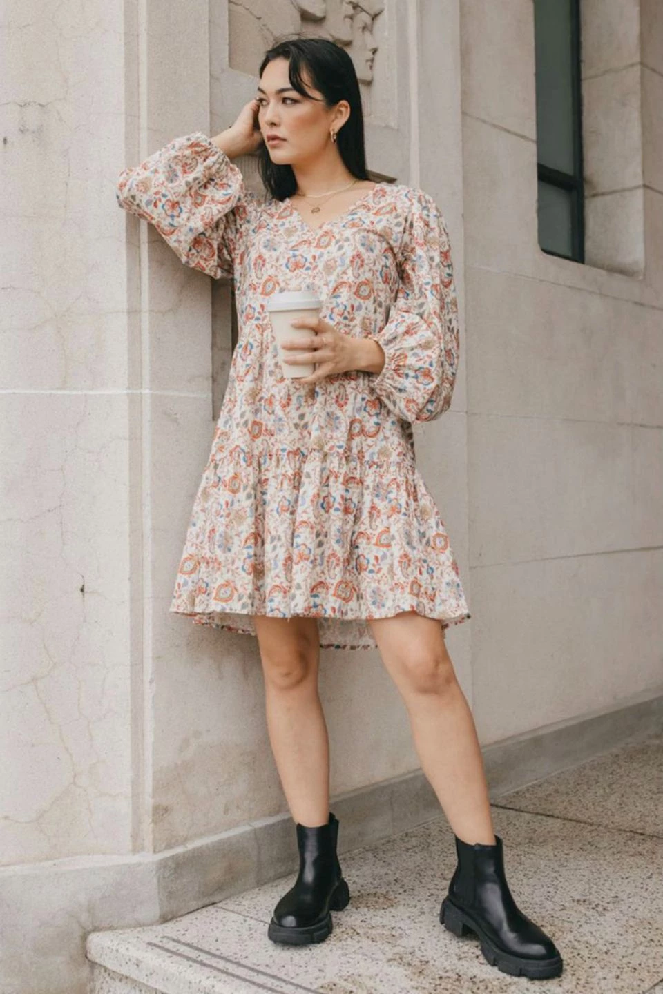 Ivy + Jack Dresses Elsa Red Paisley Linen Blend LS V Neck Smock Dress