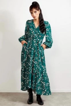 Drama The Label New In Tracey Green Tea Floral LS Wrap Midi Dress