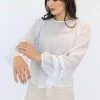 Among The Brave Ava Ivory Crinkle Shimmer Double Ruffle Puff Sleeve Top