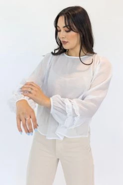 Among The Brave Ava Ivory Crinkle Shimmer Double Ruffle Puff Sleeve Top